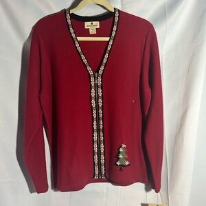 Red v-neck cardigan - tree trim - wool - Woolrich - large